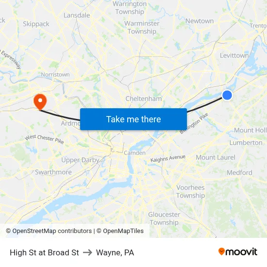 High St at Broad St to Wayne, PA map