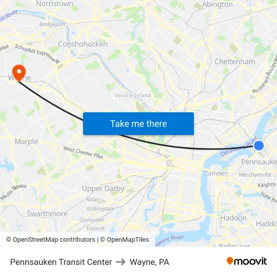 Pennsauken Transit Center to Wayne, PA map