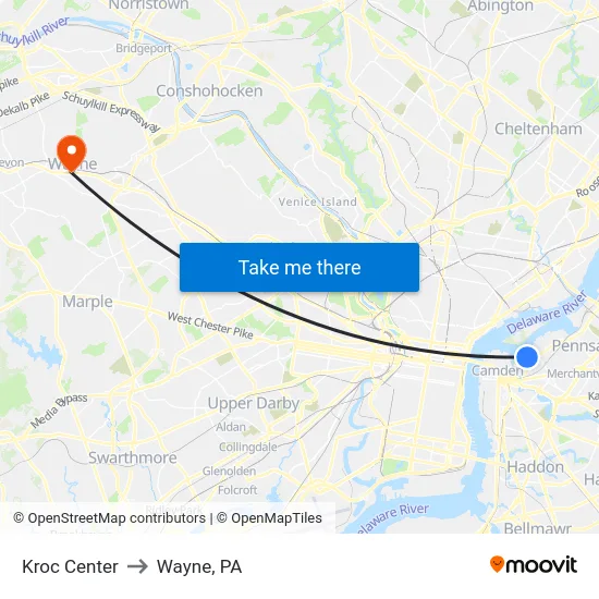 Kroc Center to Wayne, PA map