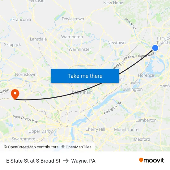 E State St at S Broad St to Wayne, PA map