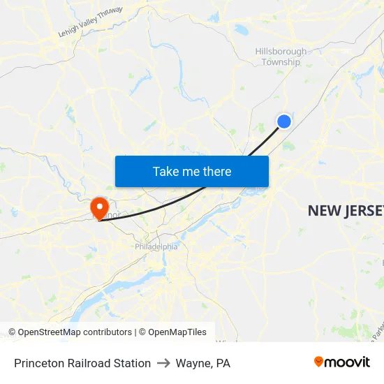 Princeton Railroad Station to Wayne, PA map
