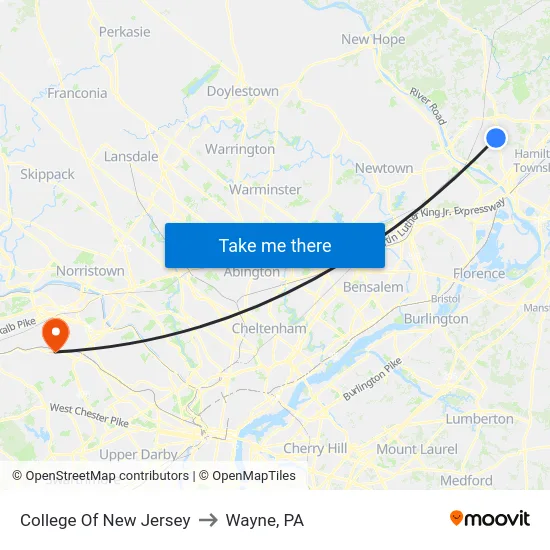 College Of New Jersey to Wayne, PA map