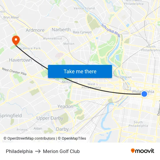 Philadelphia to Merion Golf Club map