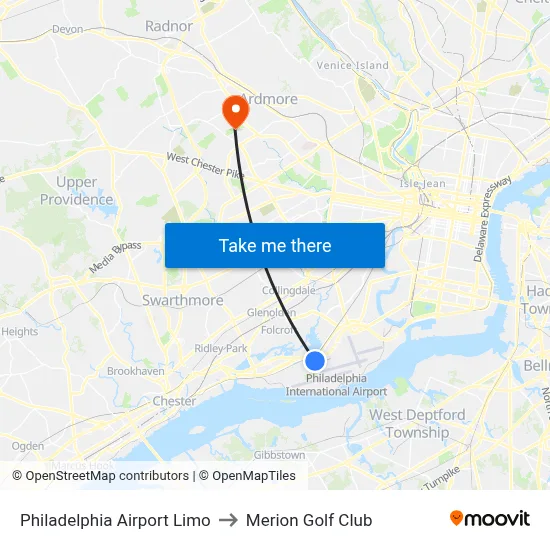 Philadelphia Airport Limo to Merion Golf Club map
