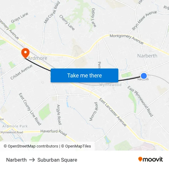 Narberth to Suburban Square map