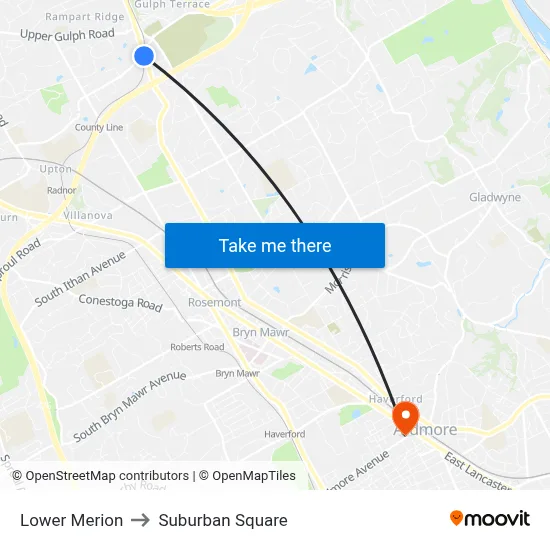 Lower Merion to Suburban Square map