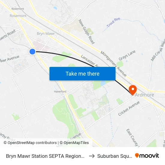 Bryn Mawr Station SEPTA Regional Rail to Suburban Square map