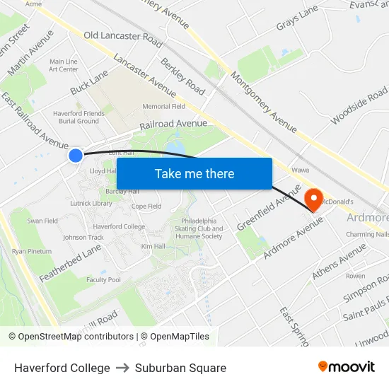 Haverford College to Suburban Square map