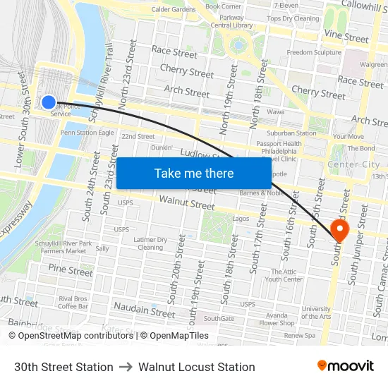 30th Street Station to Walnut Locust Station map