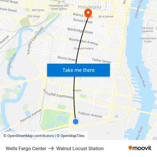 Wells Fargo Center to Walnut Locust Station map