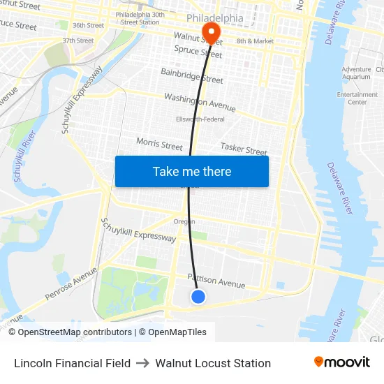 Lincoln Financial Field to Walnut Locust Station map