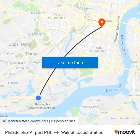 Philadelphia Airport PHL to Walnut Locust Station map
