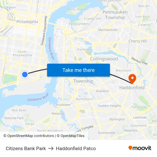 Citizens Bank Park to Haddonfield Patco map
