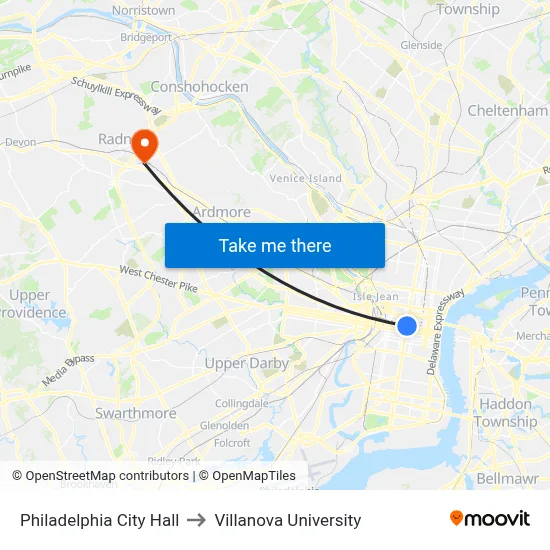 Philadelphia City Hall to Villanova University map