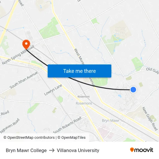 Bryn Mawr College to Villanova University map