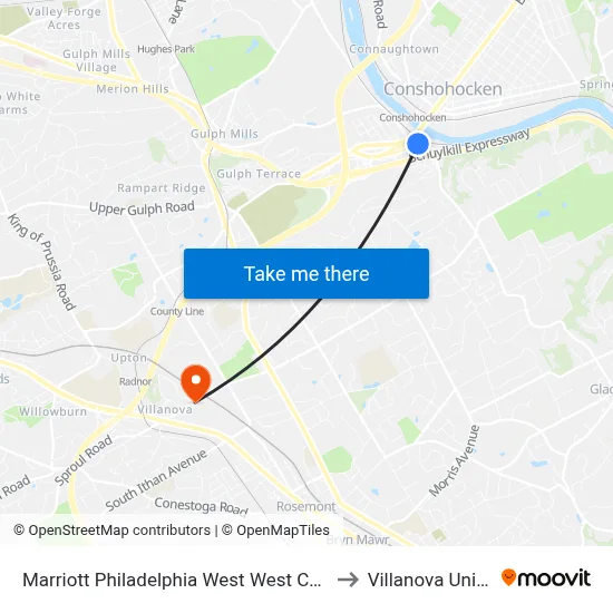 Marriott Philadelphia West West Conshohocken to Villanova University map