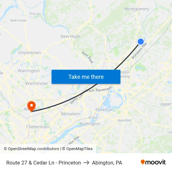 Route 27 & Cedar Ln - Princeton to Abington, PA map