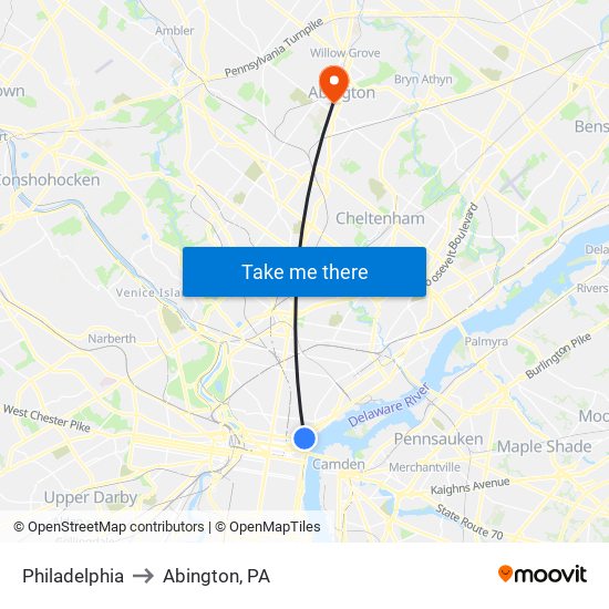 Philadelphia to Abington, PA map