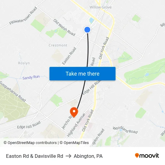 Easton Rd & Davisville Rd to Abington, PA map