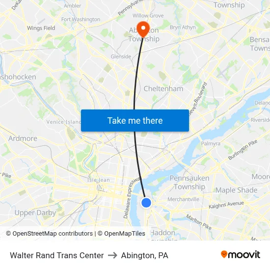 Walter Rand Trans Center to Abington, PA map