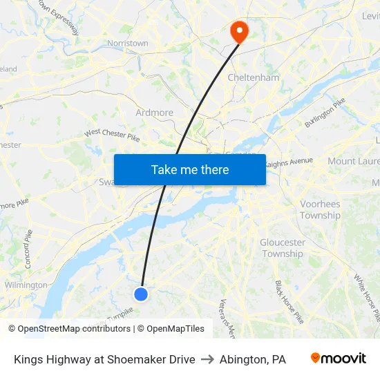 Kings Highway at Shoemaker Drive to Abington, PA map