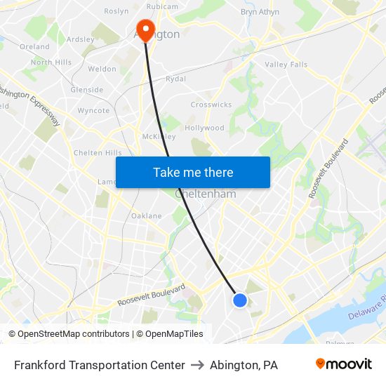 Frankford Transportation Center to Abington, PA map
