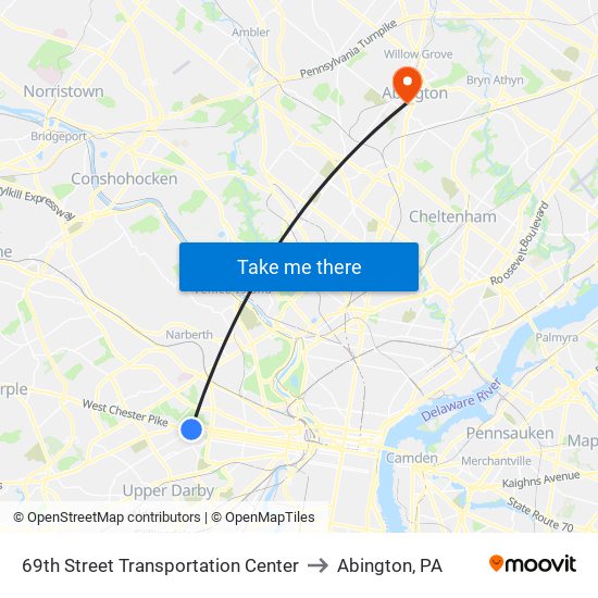 69th Street Transportation Center to Abington, PA map