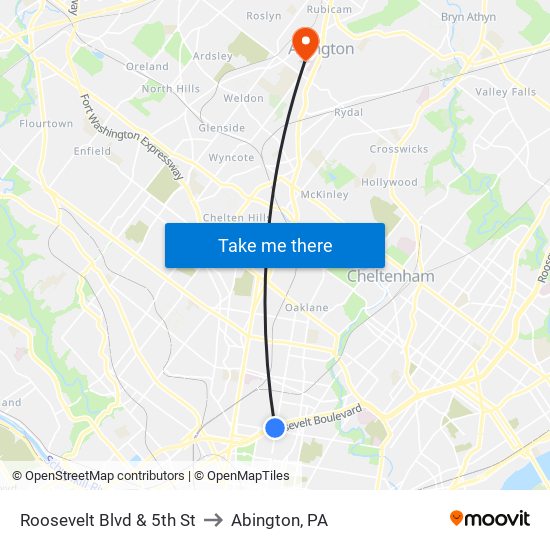 Roosevelt Blvd & 5th St to Abington, PA map