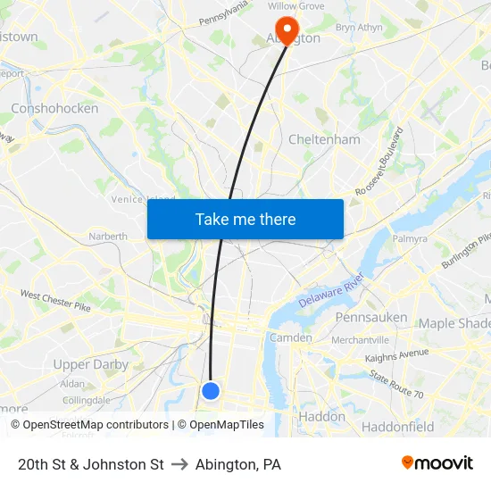20th St & Johnston St to Abington, PA map