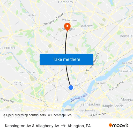 Kensington Av & Allegheny Av to Abington, PA map