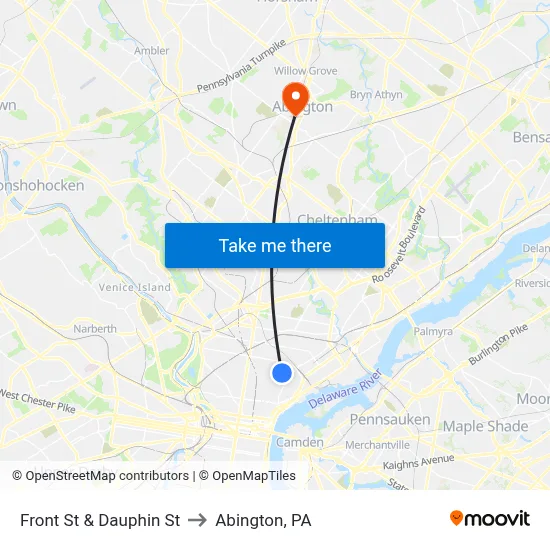 Front St & Dauphin St to Abington, PA map