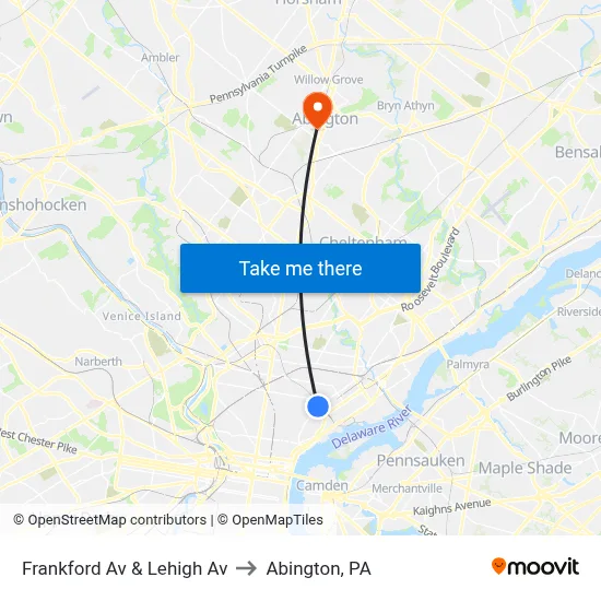 Frankford Av & Lehigh Av to Abington, PA map