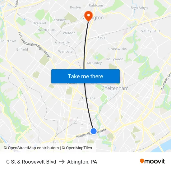 C St & Roosevelt Blvd to Abington, PA map