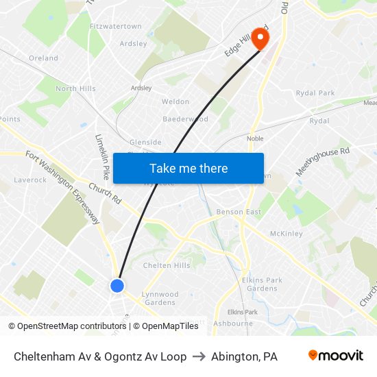 Cheltenham Av & Ogontz Av Loop to Abington, PA map