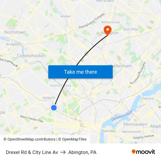 Drexel Rd & City Line Av to Abington, PA map