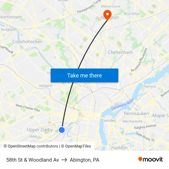 58th St & Woodland Av to Abington, PA map