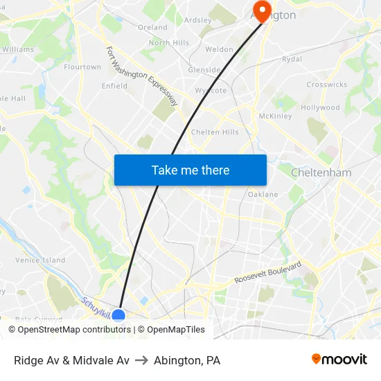 Ridge Av & Midvale Av to Abington, PA map