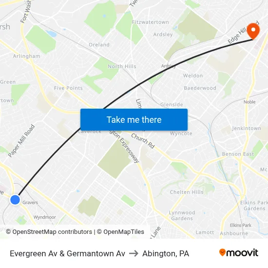 Evergreen Av & Germantown Av to Abington, PA map