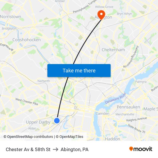 Chester Av & 58th St to Abington, PA map