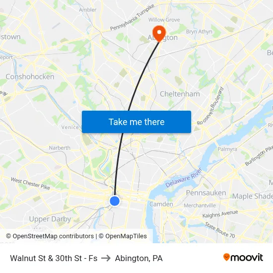 Walnut St & 30th St - Fs to Abington, PA map