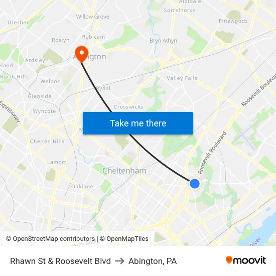 Rhawn St & Roosevelt Blvd to Abington, PA map