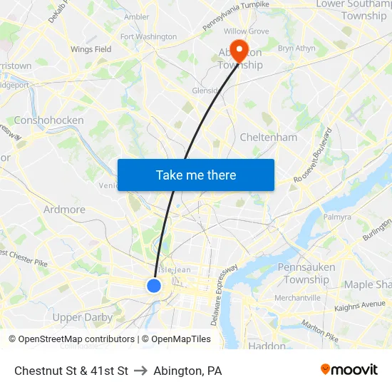Chestnut St & 41st St to Abington, PA map