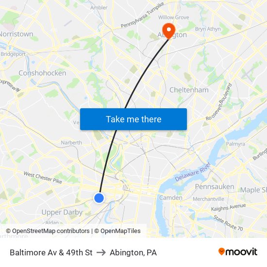 Baltimore Av & 49th St to Abington, PA map