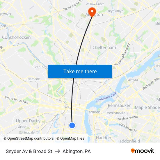 Snyder Av & Broad St to Abington, PA map