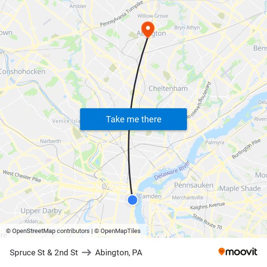 Spruce St & 2nd St to Abington, PA map