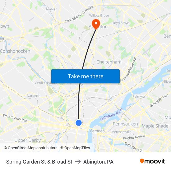 Spring Garden St & Broad St to Abington, PA map