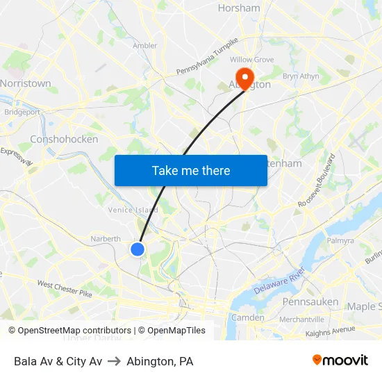 Bala Av & City Av to Abington, PA map