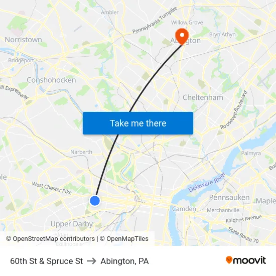 60th St & Spruce St to Abington, PA map