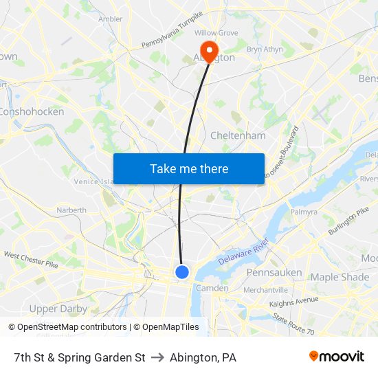 7th St & Spring Garden St to Abington, PA map