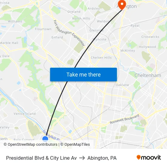 Presidential Blvd & City Line Av to Abington, PA map